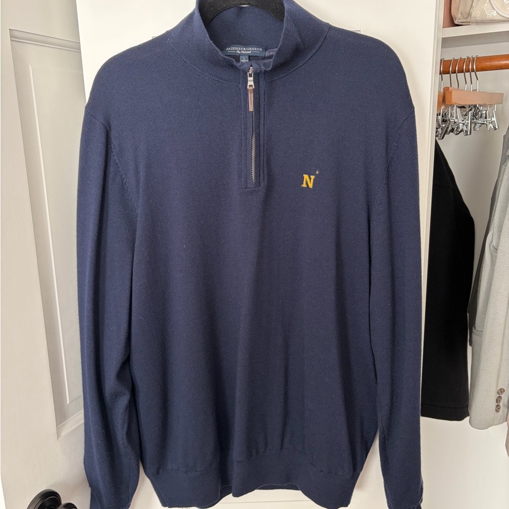 Fairway & Greene Navy Zip-Up Sweater with Gold Accent
